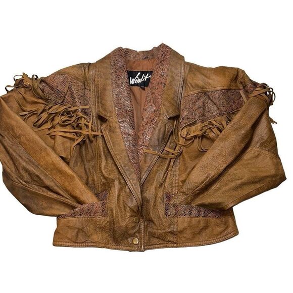 Winlit Crop brown tassel Genuine Leather Jacket sz M ( VTG large) biker 80’s - Picture 1 of 12